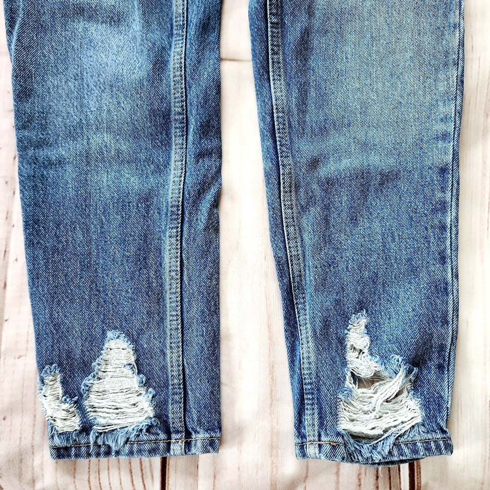 Topshop "Mom" Distressed Hem High Rise Straight Leg Blue Jeans | Women's Size 28 - Picture 8 of 14